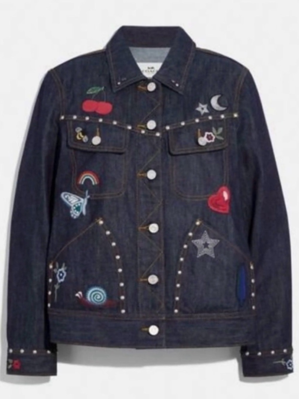 Coach Dark Blue Embroidered Denim Jacket- Like new